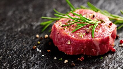 Fresh meat cut with herbs prepared on a black surface for cooking