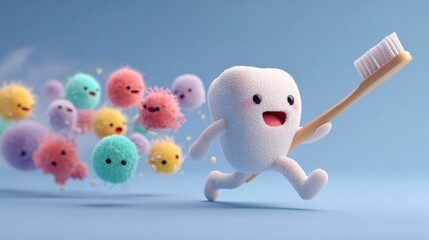 Cute toothbrush character running forward while colorful cartoon germs chase behind, lighthearted battle against bacteria, perfect for dental health, kids education, and oral hygiene awareness concept