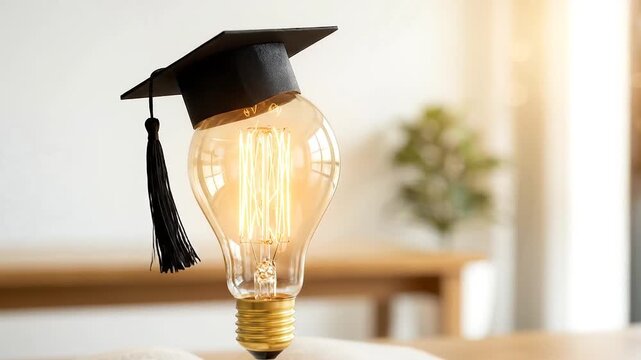Education concept with light bulb wearing graduation cap over open book and knowledge symbols representing ideas and learning