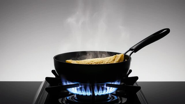 An omelet cooks in a black pan over a gas flame, with steam rising