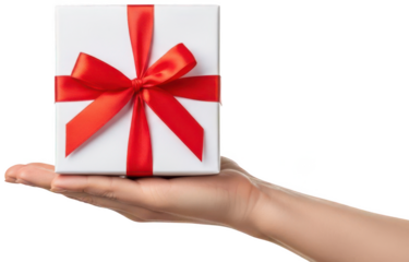Valentine PNG, Hand holding white gift box with red ribbon bow, closeup view, isolated on transparent background