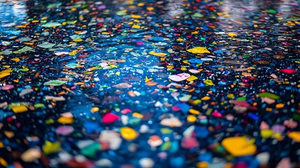 Obraz premium Colorful plastic pieces immersed in liquid, creating a vibrant abstract texture and pattern, ideal for recycling themes.