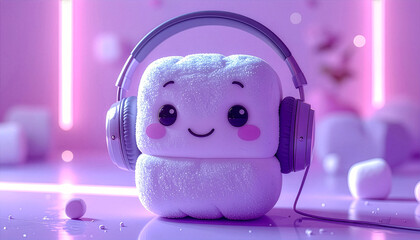 Smiling marshmallow character with purple headphones in neon pastel environment