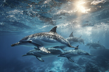 Fototapeta premium Group of dolphins swimming beneath rippling ocean surface with sunlight shining through water, creating serene and lively underwater scene full of motion and natural beauty