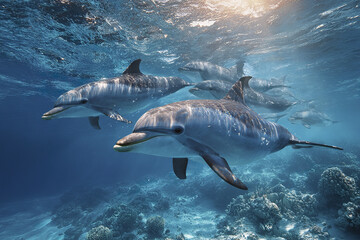 Fototapeta premium Group of dolphins swimming freely underwater near coral reef in clear blue ocean with sunlight shining through water surface creating peaceful and natural marine scene
