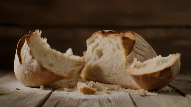 A loaf of bread is broken into pieces, with flour falling on them. The pieces rest on a wooden surface with a warm, rustic vibe