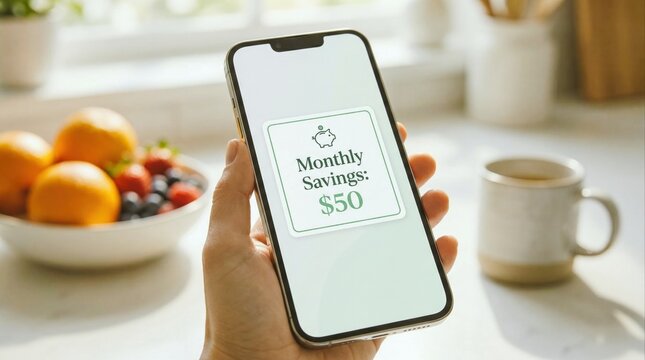 hand holding smartphone with savings app in bright kitchen setting with fruit bowl and mug - Powered by Adobe