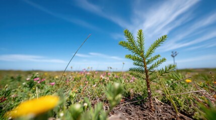 A Majestic Young Redwood Sapling Growing in a Vast Open Field Under a Bright Blue Sky