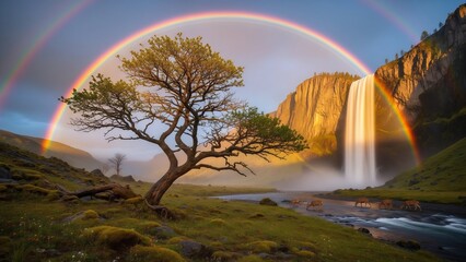 A serene landscape with a tree and a beautiful rainbow over a waterfall