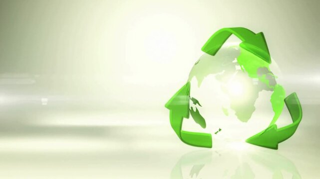 Green recycling symbol with globe on white background