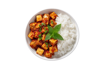 Delicious bowl of spicy paneer cubes with rice and fresh mint leaves on top isolated on transparent background