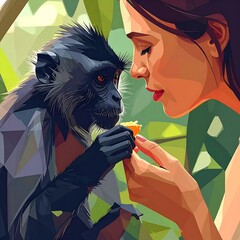 Woman feeding orange to dark monkey in stylized digital art, foliage background