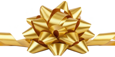 Valentine PNG, Metallic gold rosette gift bow with long ribbon tails for festive parcel decoration on transparent background