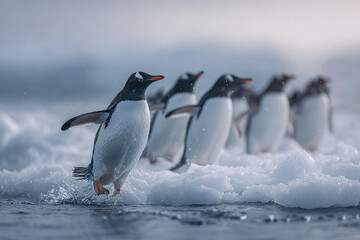 Obraz premium Group of penguin walking on ice with one jumping into water, cold environment with snow and ice floes, lively and dynamic wildlife scene