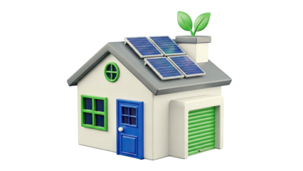 Cartoon house with solar panels and greenery
