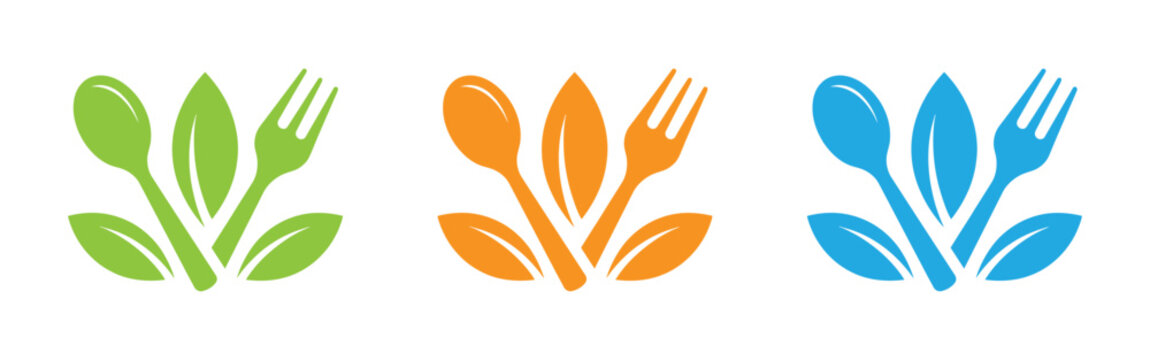 Colorful utensil icons with leave. Vector design template of spoon and fork combination with leaf logo, restaurant, equipment, cutlery, vegetables, diet, symbol icon EPS 10.