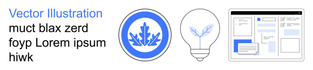 Sustainability, eco-friendly ideas, web design, branding, creativity, innovation. Blue leaf badge, light bulb with leaf web interface templates. Sustainability and creativity concept © robu_s