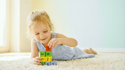 young girl playing with colorful number blocks on carpet in bright sunny room