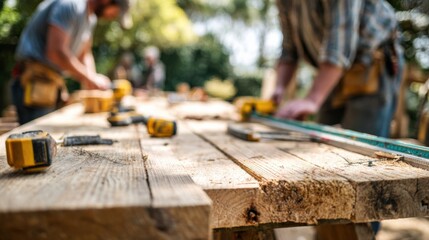 Detailed medium shot of carpenters measuring and cutting timber for a wooden pavilion focused on tools and wood grain with outoffocus greenery beyond.