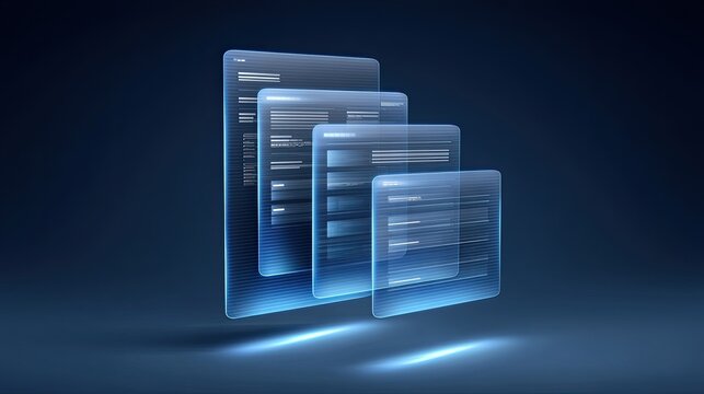 Futuristic digital forms floating above a glowing surface in a sleek dark environment, representing technology and data management solutions