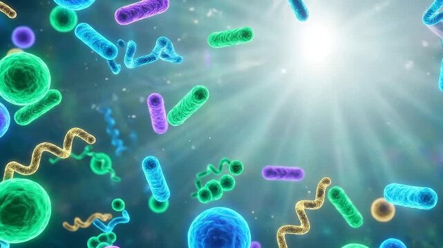 Microscopic world of bacteria and microorganisms floating in a fluid with a light source illustrating life