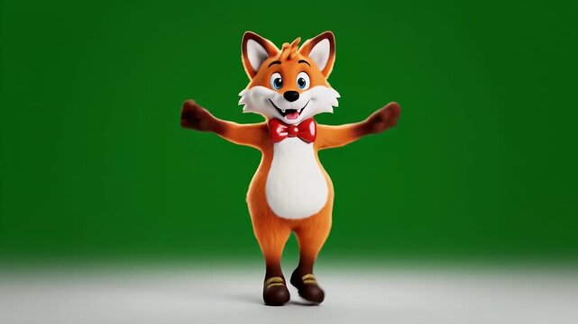 Cheerful cartoon fox character wearing a red bow tie, standing with arms outstretched against a vibrant green background, perfect for children's media and playful branding.