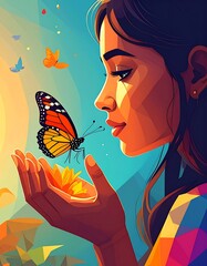 Woman gazes at a butterfly landing on her outstretched hand against a stylized, colorful, sunny backdrop
