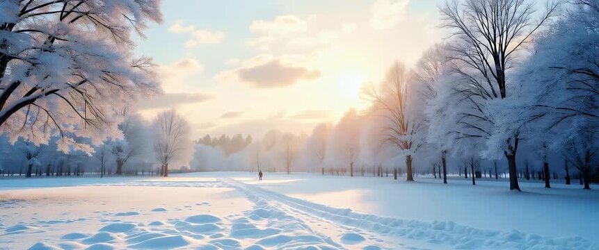 Winter landscape with frosty trees and a lone figure walking through snow, as the sun sets in a serene, cinematic scene; camera slowly pans, capturing gentle swaying branches and soft light.
