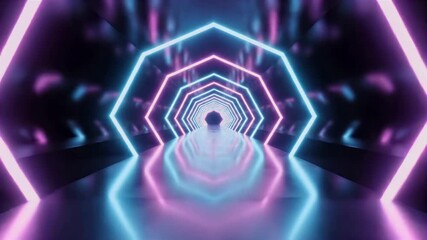Futuristic neon tunnel with glowing hexagonal patterns and vibrant blue and pink lights reflecting on a sleek surface, creating a compelling visual experience for technology enthusiasts.