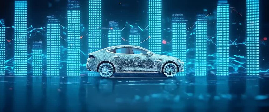 Futuristic car glides through dynamic digital landscape with fluctuating data charts; camera smoothly tracks in cinematic style, highlighting innovation, technology, and analytics.