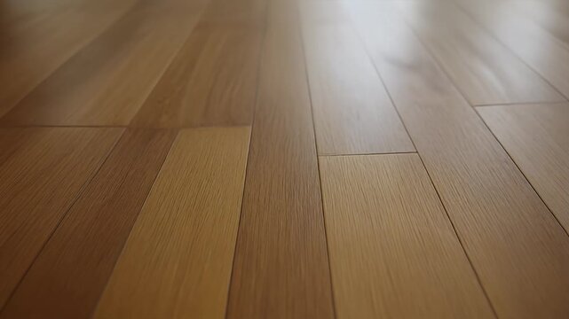 A perspective shot of a wood floor. The flooring has a clear grain, with light reflecting off the shiny surface. The planks are parallel