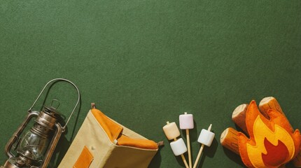 camping setup with lantern, tent, marshmallows, and campfire gloves on green background