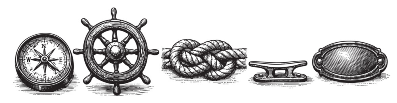 A vintage black and white illustration of nautical items including a compass, ship's wheel, knot, cleat, and plaque, perfect for maritime themes and vintage design projects.