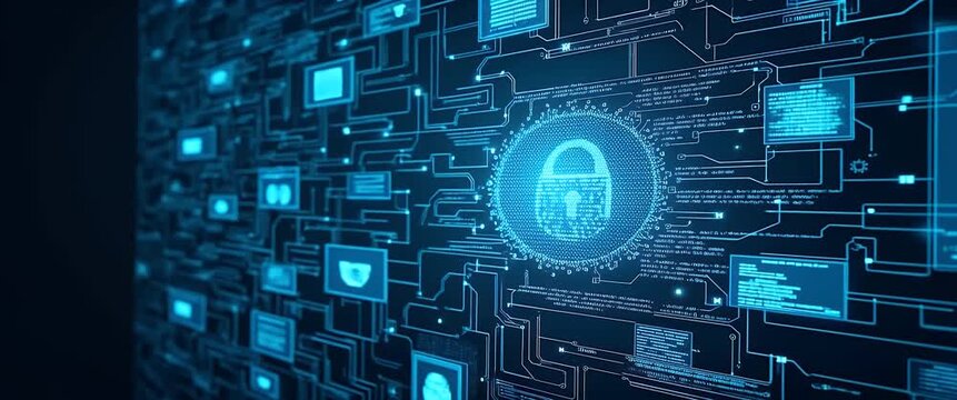 Futuristic digital lock icon pulsates on a glowing cyber network interface as the camera slowly pans across the scene, with ambient data flow motion, in a cinematic cybersecurity backdrop.