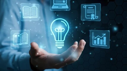 Futuristic learning and business concept with light bulb, books, laptop, certificate and graph icons floating above open hand