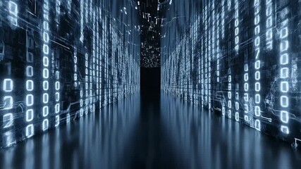 Futuristic digital corridor filled with glowing binary code and reflections, representing data processing, technology advancement, and virtual environments in a high-tech setting. - Powered by Adobe