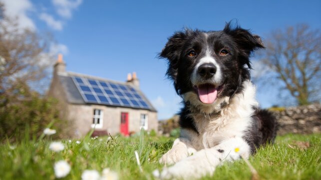 Happy dog resting in front of a small house with solar panels in the sun - Powered by Adobe