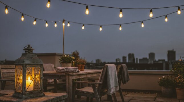 cozy rooftop terrace with string lights at dusk, creating a warm atmosphere with city view