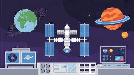 Space station with control panel and planets in background Earth Saturn © srdesignhouse