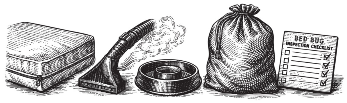 This illustration depicts a bed bug inspection checklist next to a mattress, a vacuum cleaner with steam, and a drawstring bag, suggesting pest control and cleaning services.