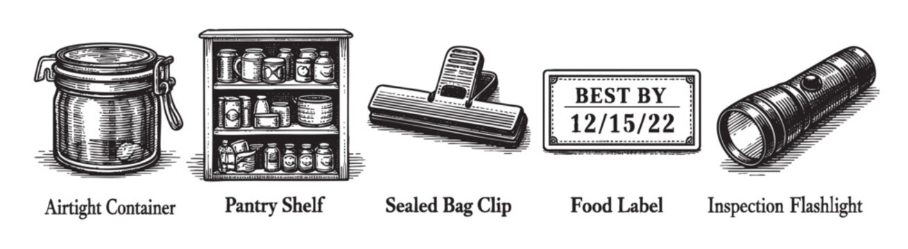 A collection of black and white line art illustrations showing essential kitchen and food storage items including a jar, pantry shelf, bag clip, expiration date label, and flashlight.