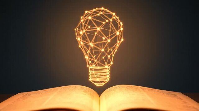 Open book emitting a glowing lightbulb, symbolizing knowledge, ideas, innovation, and the power of learning and inspiration