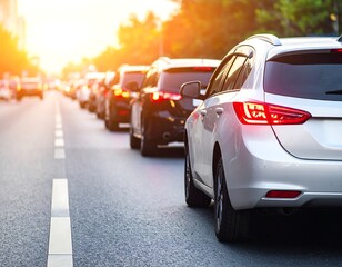 Fototapeta premium A line of vehicles crawls down a road during a sunny day. The sun shines brightly. Traffic is backed up, visible tail lights