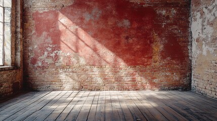 An empty room with a distressed red brick wall, weathered wooden floor, and natural light streaming through a window, creating dramatic shadows, perfect for creative backdrops.