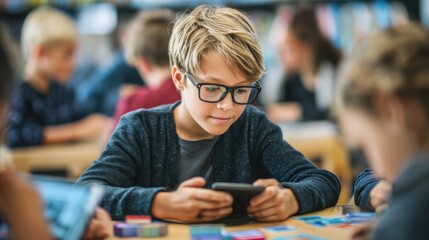 Boy engaged in interactive language learning with flashcards and tablet in hand surrounded by blurred peers practicing speaking.