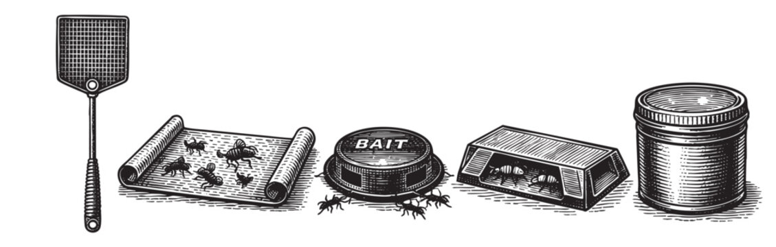 A collection of vintage-style black and white illustrations depicting various pest control methods, including a fly swatter, sticky traps, bait stations, and a jar.