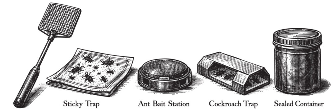 A vintage black and white illustration depicts a fly swatter, sticky trap, ant bait station, cockroach trap, and sealed container, representing various pest control methods.