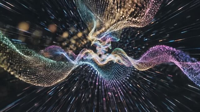Dynamic abstract background featuring vibrant light trails and waves in a mesmerizing blend of colors, ideal for technology and digital art projects focused on innovation.