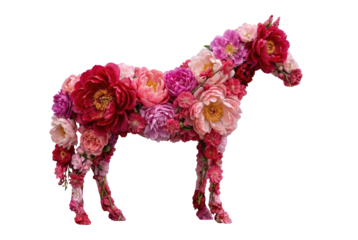 Horse silhouette shape made of pink and red flowers isolated. Zodiac animal art.