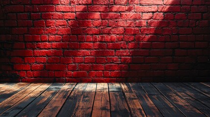 A dimly lit room with a red brick wall and wooden floor, illuminated by natural light casting shadows, creating a dramatic and moody atmosphere, perfect for adding texture and depth to designs.